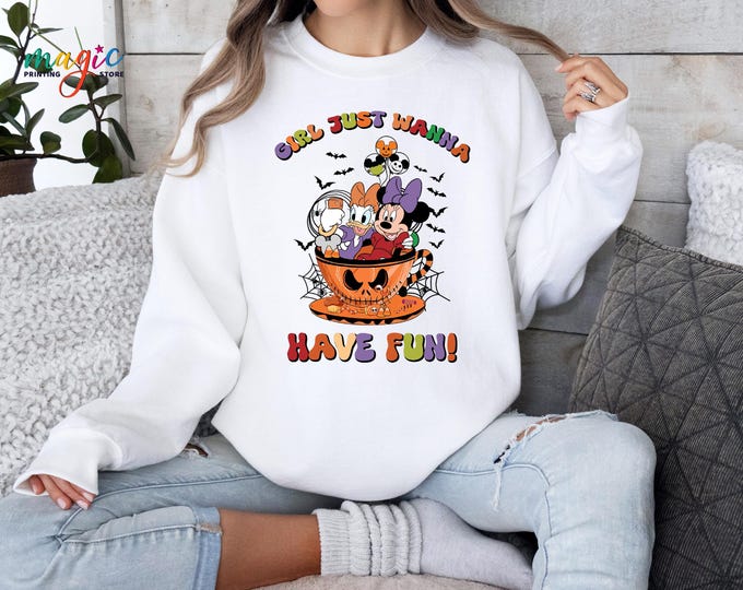 Halloween Girls Just Wanna Have a Fun Sweatshirt, Girl Trip for Halloween, Minnie and Daisy Pumpkin Trip Sweater