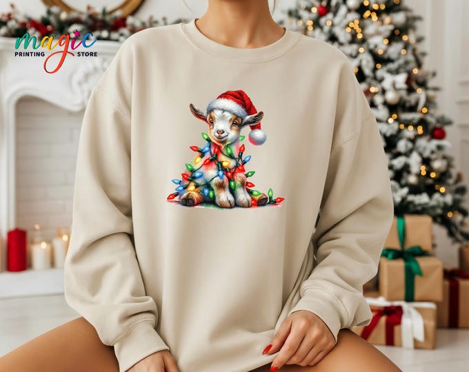 Funny Christmas Goat Sweatshirt, Holiday Farm Animal Sweater, Festive Lights Xmas Gift, Winter Hoodie