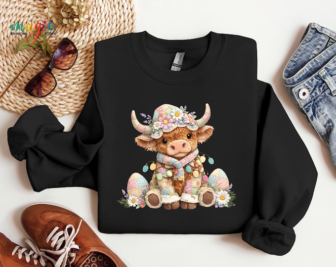 Easter Highland Cow Sweatshirt, Floral Cow Hoodie, Aesthetic Cow Sweater, Easter Day Farm Life Sweater, Country Spring Gift