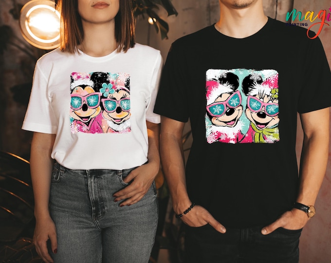 Christmas Mouse Shirt, Disney Xmas Brushstroke Tee, Christmas Mickey and Minnie Shirt, Christmas Gift for Couple