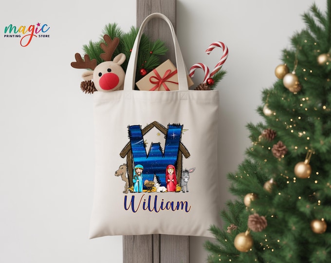 Personalized Nativity Alphabet Tote Bag, Christian Christmas Gift, Family Canvas Bag, Religious Xmas Story Tote
