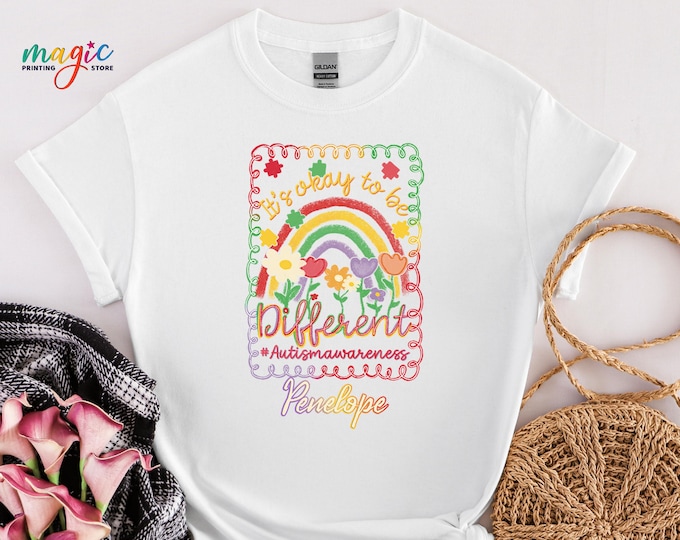 Custom Name Autism Awareness Shirt, It’s Okay to Be Different, Floral Rainbow Autism Tee, Personalized Autism Support Tshirt, Kindness Gift