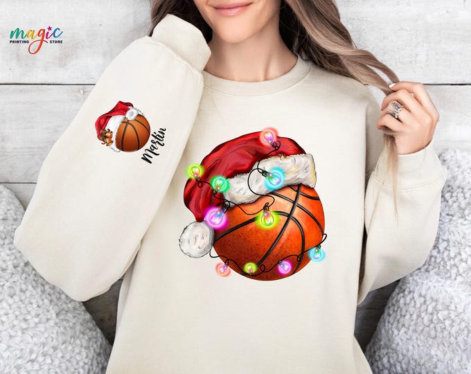Personalized Christmas Basketball Sweatshirt,Basketball Christmas Sweater, Christmas Basketball Ball Santa Hat Sweatshirt,Christmas Game Day