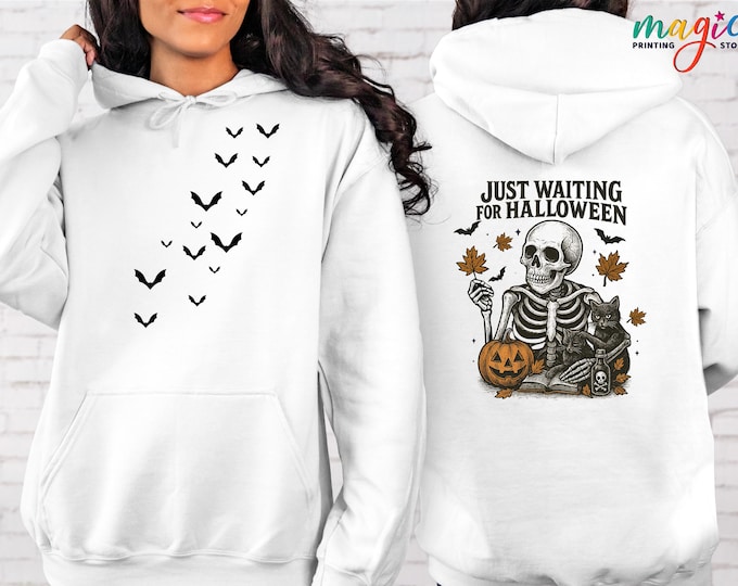 Just Waiting for Halloween Sweatshirt, Spooky Season Bat Sweater, Halloween Skeleton Sweatshirt