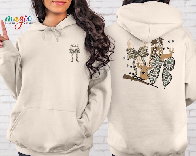 Coquette Hunting Christmas Sweatshirt, Camo Bow Deer Hoodie, Hunter Wife Girlfriend Gift , Xmas Women Shirt