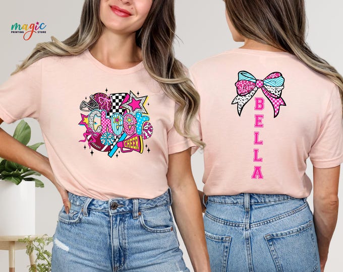 Custom Name Cheer Shirt, Cheerleader Coquette Shirt, Colorful Cheer Bow Shirt, Leopard Cheer Season Gift,Personalized Cheer Team Spirit Tee