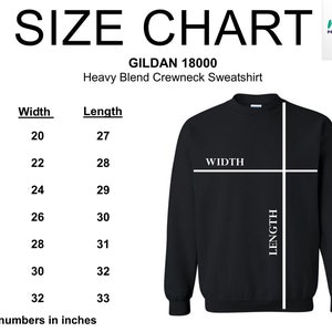 Może przedstawiać: Tabela rozmiar&oacute;w dla bluzy z okrągłym dekoltem Gildan 18000 Heavy Blend Crewneck Sweatshirt. Tabela pokazuje szerokość i długość w calach dla rozmiar&oacute;w od S do 4XL.
