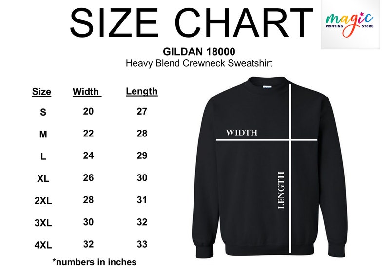 Może przedstawiać: Tabela rozmiar&oacute;w dla bluzy z okrągłym dekoltem Gildan 18000 Heavy Blend Crewneck Sweatshirt. Tabela pokazuje szerokość i długość w calach dla rozmiar&oacute;w od S do 4XL.