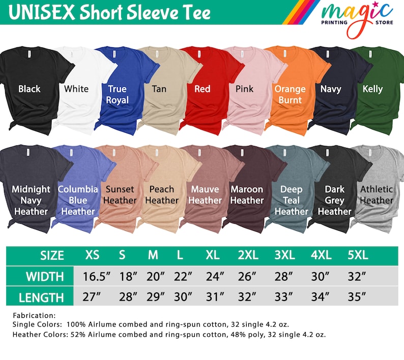 May include: A size chart for unisex short sleeve t-shirts. The chart shows the width and length measurements in inches for sizes XS to 5XL. The fabric is 100% Airlume combed and ring-spun cotton for single colors and 52% Airlume combed and ring-spun cotton, 48% polyester for heather colors.