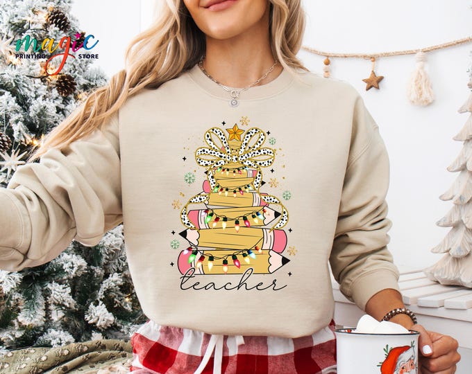 Christmas Teacher Coquette Bow Sweatshirt, Pencil Xmas Lights Sweatshirt, Christmas Gift for Teacher, Teacher Appreciation