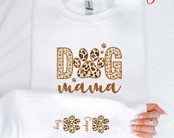 Custom Leopard Dog Mama Sweatshirt, Custom Dog Mom Sweatshirt, Dog Name on Sleeve Hoodie, Dog Mom Gift, Gift For Dog Mom, Dog Mama Crewneck