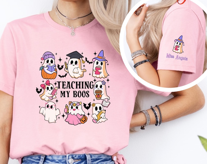 Custom Name Halloween Ghost Teacher Tshirt,Personalized Teacher Gift for Spooky Season, Boo Teacher Shirt, Teaching my Boos,Gift for Teacher