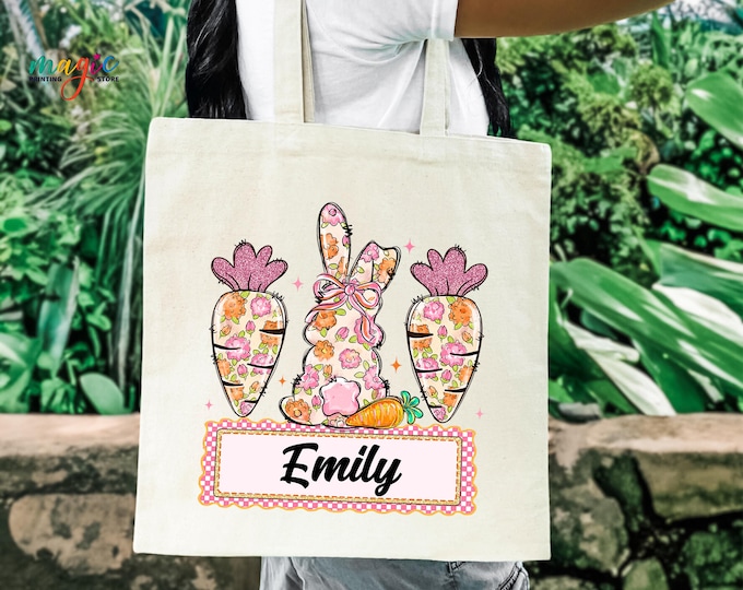 Custom Kids Name Easter Tote Bag, Personalized Kids Easter Bag, Easter Bunny Bag Gift, Coquette Floral Easter Tote