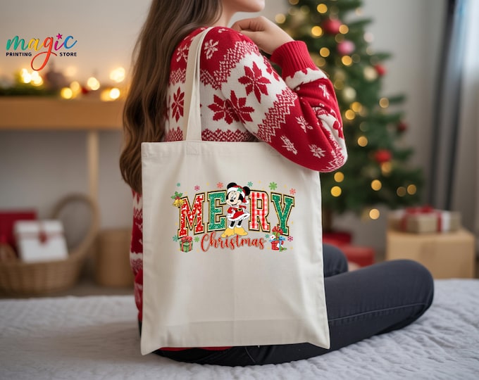 Disneyland Merry Christmas Tote Bag, Mickey and Minnie Shopping Canvas Bag, Disneyworld Trip Gift