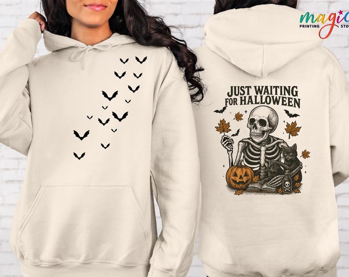Just Waiting for Halloween Sweatshirt, Halloween Bat Sweater, Spooky Season Sweater, Halloween Skeleton Sweatshirt,Halloween Gift for Family