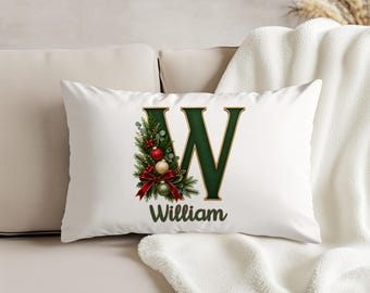 Custom Christmas Alphabet Pillow, Personalized Initial Monogram Cushion, Holiday Pillow Cover