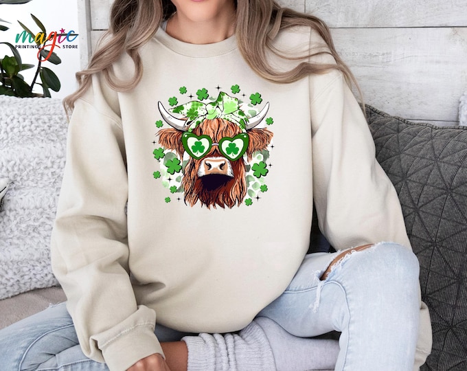 St Patrick’s Day Cow Sweatshirt, Shamrock Cow Hoodie, Funny Highland Cow Sweatshirt, Irish Holiday Hoodie
