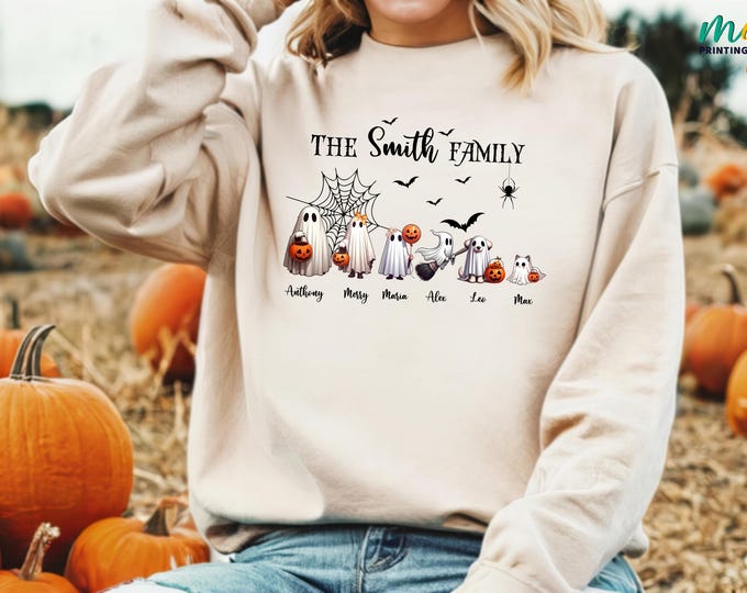 Custom Name Halloween Family Sweatshirt, Halloween Ghost Sweater, Personalized Spooky Family Sweater, Custom Halloween Family Sweatshirt