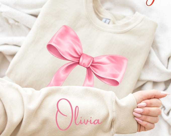 Personalized Pink Bow Sweatshirt, Custom Name Sweatshirt for Women, Valentine Days Gift for Her