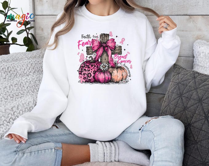 Faith-Based Breast Cancer Sweatshirt, Faith Over Fear Coquette Sweater,  Breast Cancer Awareness Gift, Pink Ribbon with Cross Hoodie