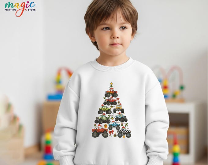 Monster Truck Christmas Tree Sweatshirt, Excavator Boy Xmas Gifts, Holiday Sweater for Boys
