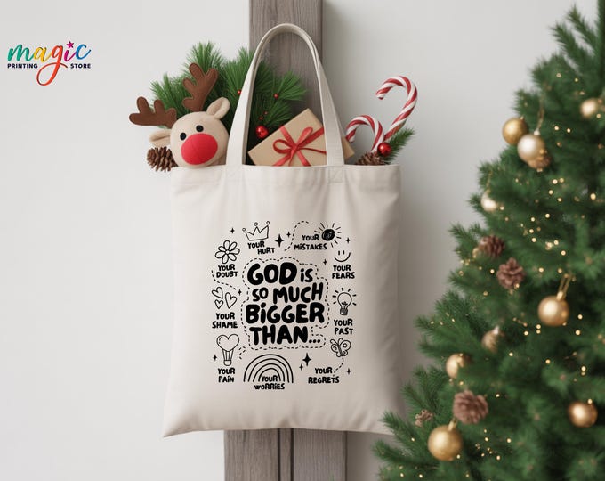 God is Bigger Than Tote Bag, Christian Gifts for Women, Faith Based Bible Verse Market Tote, Religious Gifts