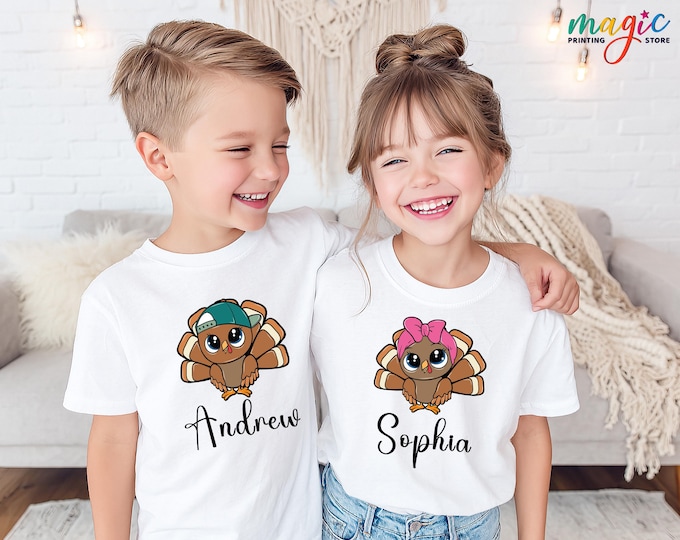 Personalized Thanksgiving Turkey Shirt, Custom Name Turkey Shirt  for Boy and Girls, Thankful Coquette Bow Tee, Thanksgiving Gifts for Kids