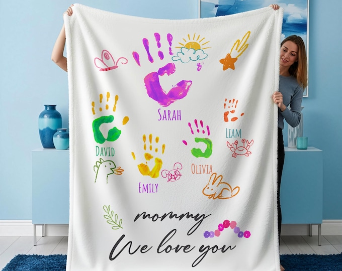 Custom Mama Blanket With Handprints, Personalized Mom Blanket With Kids Names, Mom Gift From Kids, Mothers Day Blanket For Mama