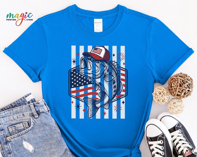 Patriotic Bass Fishing Shirt, American Flag Fishing Tshirt, 4th of July Fisherman Tee, Lake Life Independence Day Top
