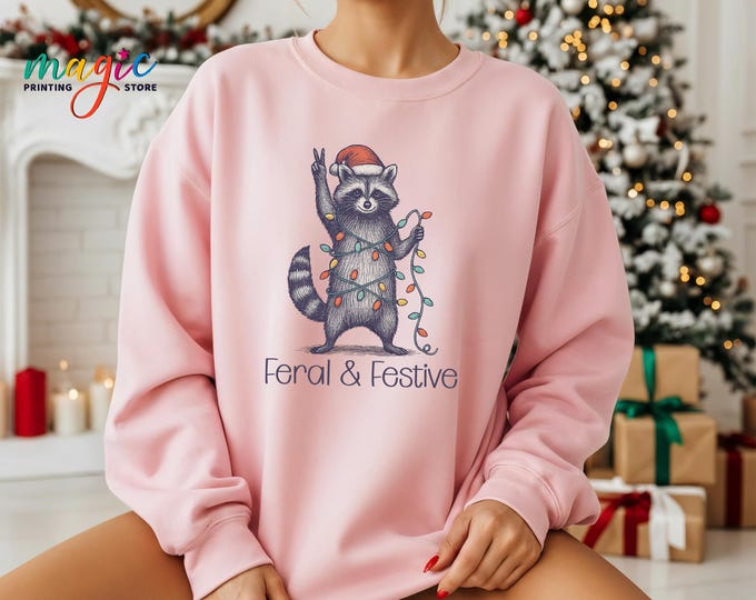 Feral and Festive Raccoon Christmas Sweatshirt, Funny Retro Santa Claus Hoodie, Vintage Christmas Animal Gift, Sarcastic Holiday Shirt