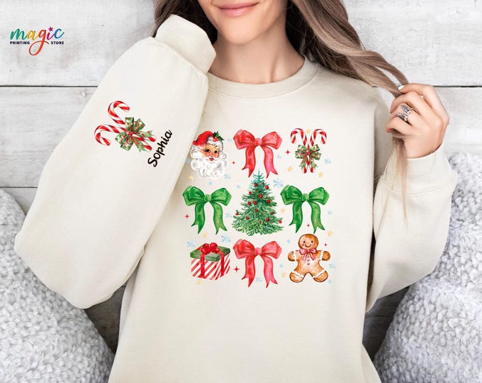 Custom Name Coquette Christmas Sweathirt, Personalized Christmas Gift, Xmas Candy Cane and Santa Sweater, Christmas Tree Hoodie
