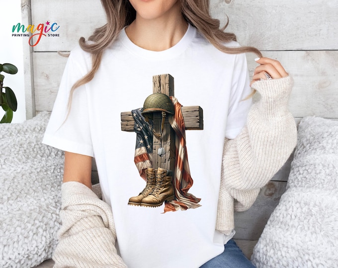 Christian Cross Military Memorial Shirt, Patriotic Veteran Soldier Appreciation Tshirt, American Flag Honor the Fallen Top