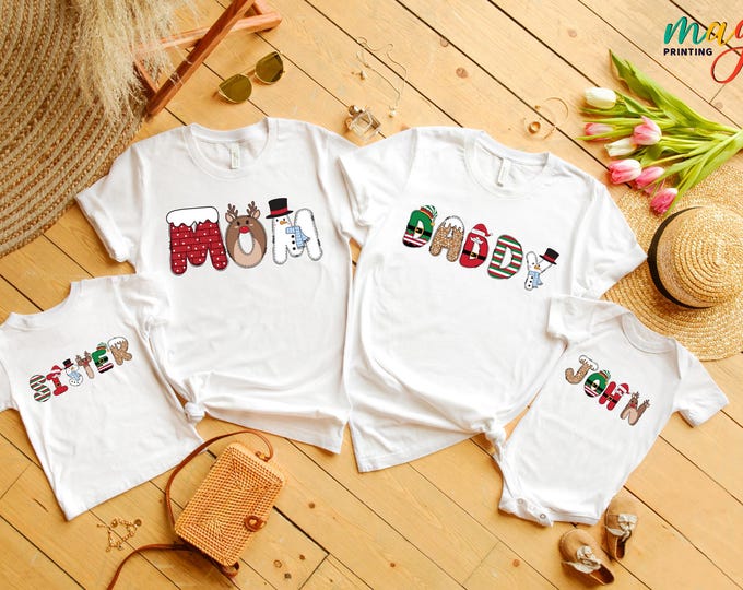 Custom Name Christmas Family Shirt, Alphabet Name Tshirt, Holiday Xmas Gifts, New Year Tee