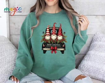 Comfort Colors®Christmas Gnome Sweatshirt, Merry Christmas Truck Shirt, Xmas Family Sweater