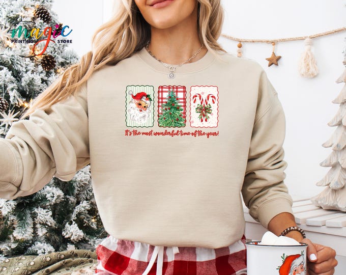 Preppy Christmas Sweatshirt, It's the Most Wonderful Time of the Year, Candy Cane Xmas Sweater, Xmas Santa Hoodie, Christmas Tree Sweatshirt