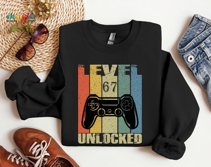 Level 67 Unlocked Video Game Birthday Sweatshirt, Gaming Party Gift, Boy Gamer Sweater, Game Console Hoodie