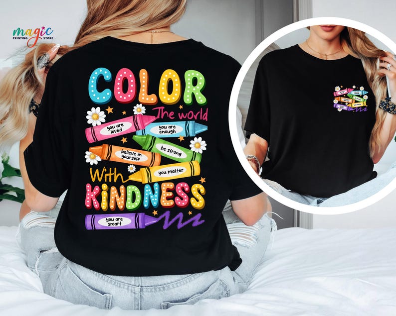 Color the World with Kindness Crayons Shirt, Colorful Teacher Shirt, Back to School Shirt, Funny Student Shirt, Be Kind Shirt, School Shirt image 1