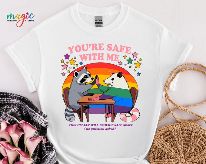You Are Safe With Me Shirt, Gay Shirt, Pride Shirt, Funny Possum Shirt, Raccoon LGBT Shirt, Rainbow LGBT Pride Flag Tee, Gay Lesbian Shirt