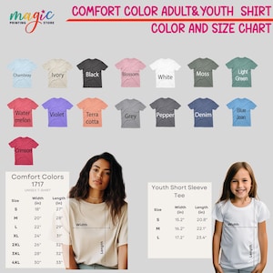 The image is a color and size chart for adult and youth t-shirts, featuring a variety of colors and sizes. It includes a photo of a young woman wearing a beige t-shirt and provides measurements for different shirt sizes.