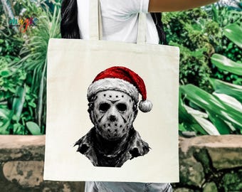 Creepy Christmas Horror Tote Bag, Santa Hat Canvas Bag, Spooky Holiday Gift, Dark Gothic Bag