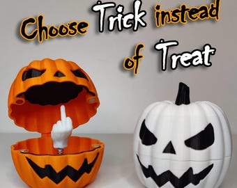 Calabaza de Halloween con el dedo medio impresa en 3D. Divertida linterna de Halloween. Colores personalizados. Decoración de Halloween de truco o trato. Broma perfecta de Halloween.