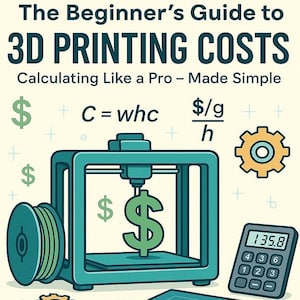 May include: An illustration of a 3D printer with a dollar sign being printed. The text "The Beginner's Guide to 3D PRINTING COSTS" is at the top of the image. The text "Calculating Like a Pro - Made Simple" is below the title. The equation "C = whc" is on the left side of the image. The equation "$/g + h" is on the right side of the image. A calculator with the number "135.8" displayed is in the bottom right corner of the image.