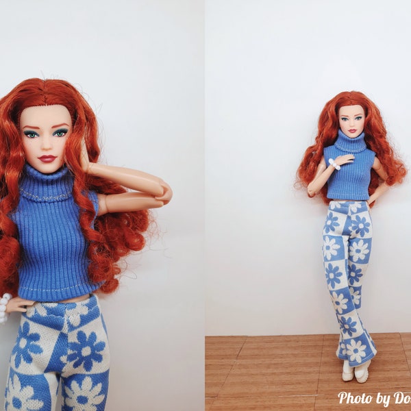 Doll clothes- Set 3 in 1 - Floral flared pants,  sleeveless turtleneck top and bracelet - Clothes for 1:6 scale doll - 12 inch doll