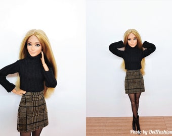 Doll clothes - Set 3 in 1 - Skirt, long-sleeve turtleneck shirt and pantyhose - Clothes for 1:6 scale doll - 12 inch doll