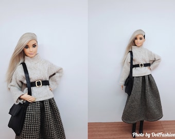 Doll clothes - Set 4 in 1 - Sweater, patterned skirt, bag, belt - Clothes for 1:6 scale doll - 12 inch doll