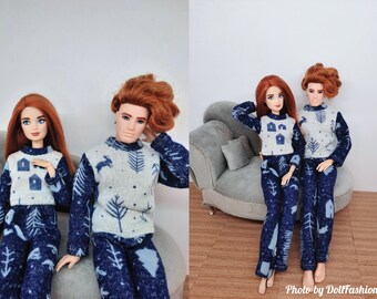 Doll clothes - Set 4 in 1 - Couple Doll pajamas sets for female doll and male doll - Clothes for 1:6 scale doll - 12 inch doll