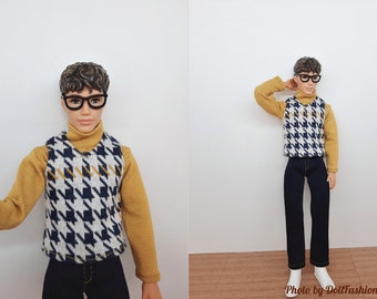 Doll clothes - Set 3 in 1 - Sweater vest, long-sleeve turtleneck and jean pants - Clothes for 1:6 scale male doll - 12 inch doll