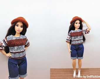 Curvy doll clothes - Set 3 in 1 - Sport jean shorts, top and hat - Clothes for 1:6 scale doll - 12 inch doll