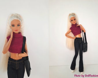 Doll clothes - Set 3 in 1 - Pants, sleeveless t-shirt and bag - Clothes for 1:6 scale doll - 12 inch doll