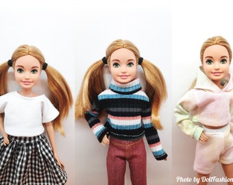 Doll Clothes - 3 Sets 2 in 1 - Plaid Skirt set , Sweatshirt set , Winter Set - 9 Inch Sister Doll